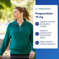 Pure Encapsulations Pregnenolone 10 mg capsules closeup shows vegan, gluten-free formula.