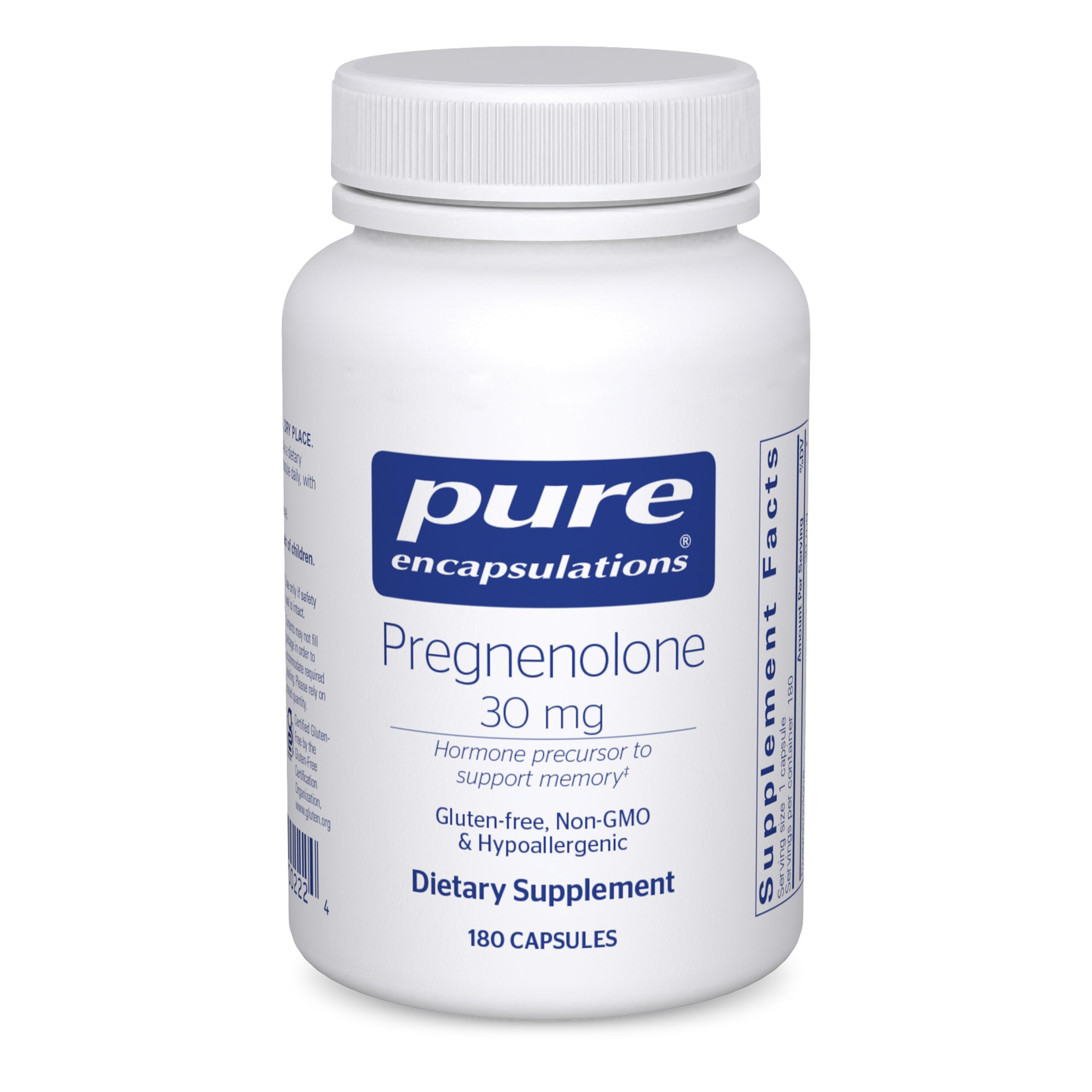 Pure Encapsulations Pregnenolone 30 mg bottle for memory support on white background