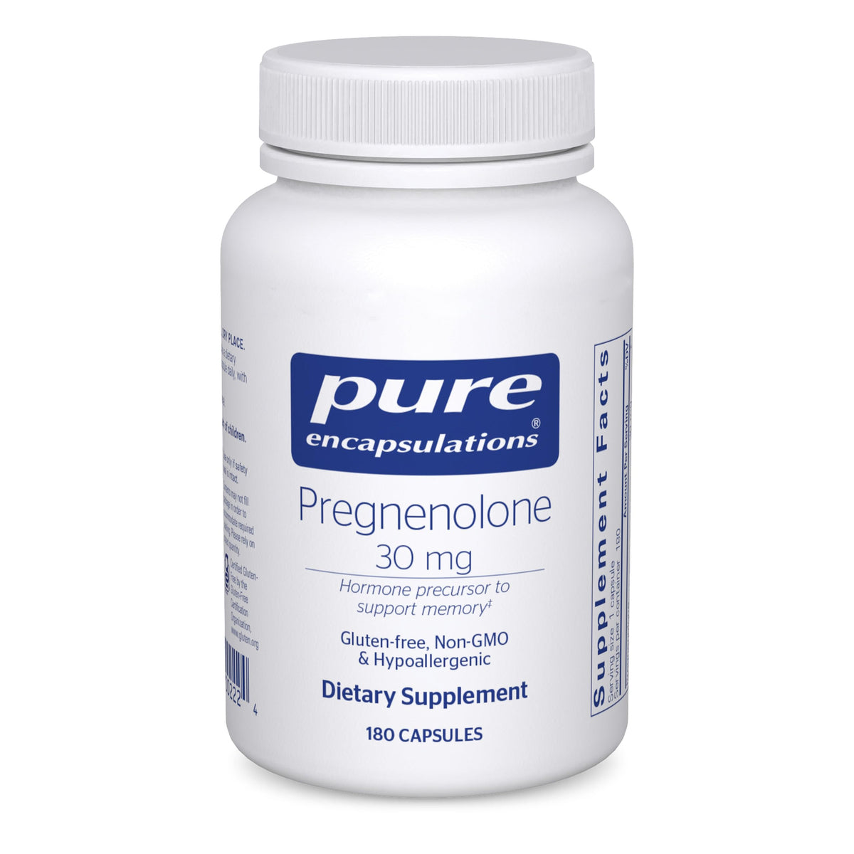 Pure Encapsulations Pregnenolone 30 mg bottle for memory support on white background