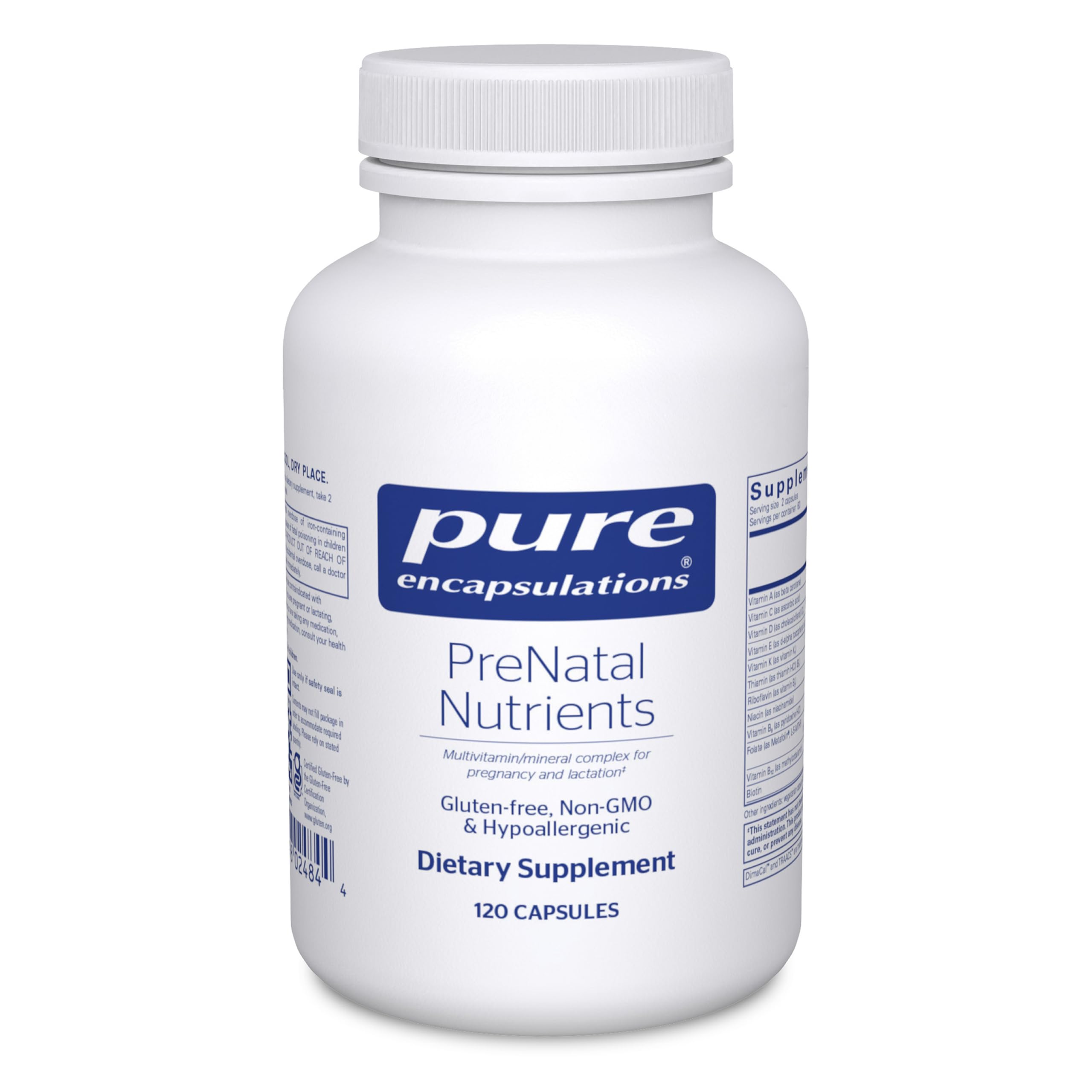 Pure Encapsulations PreNatal bottle closeup, gluten-free prenatal vitamins for pregnancy