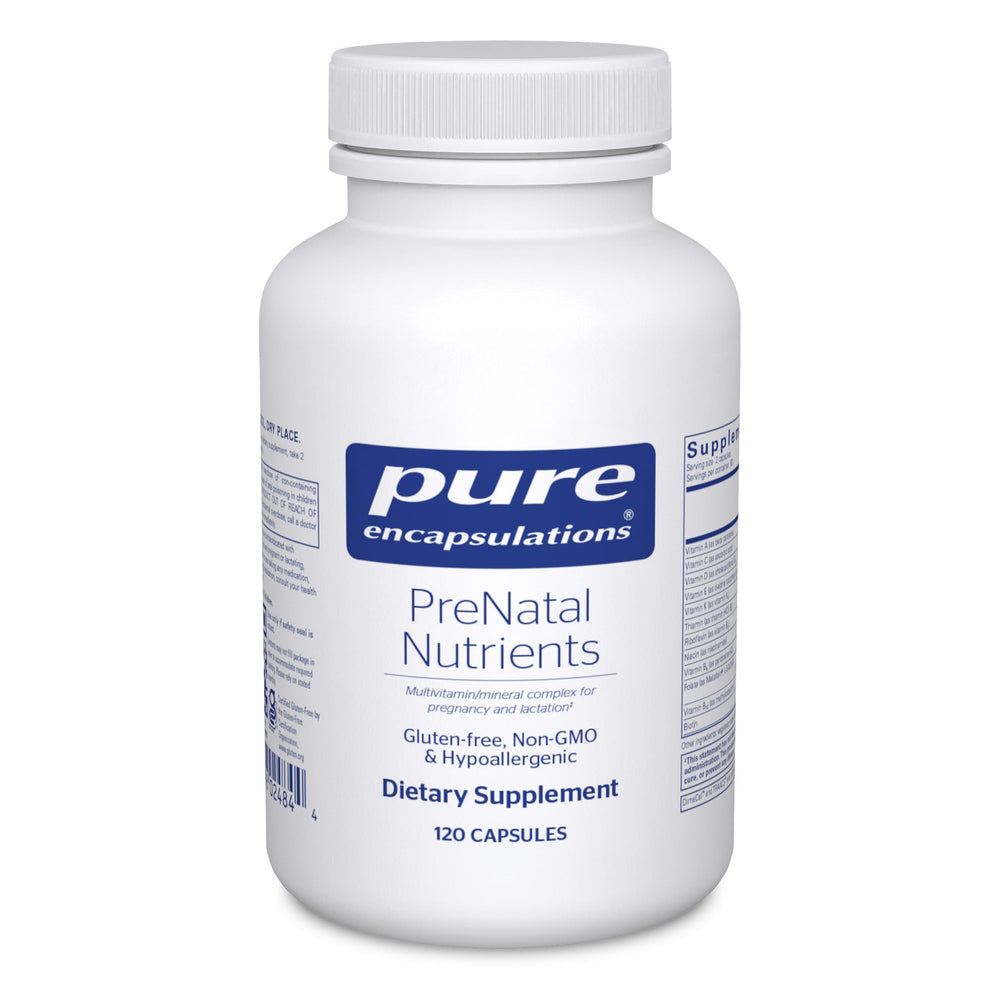 Pure Encapsulations PreNatal bottle closeup, gluten-free prenatal vitamins for pregnancy
