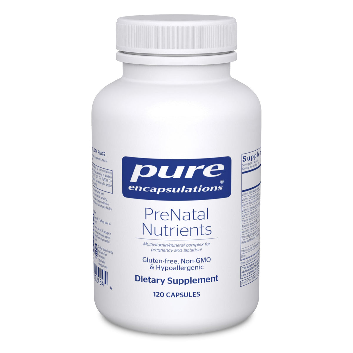Pure Encapsulations PreNatal bottle closeup, gluten-free prenatal vitamins for pregnancy