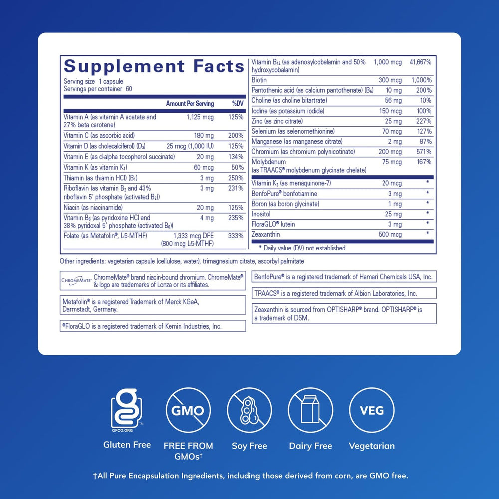Pure Encapsulations PureGenomics Multivitamin label closeup highlights eye and brain health nutrients