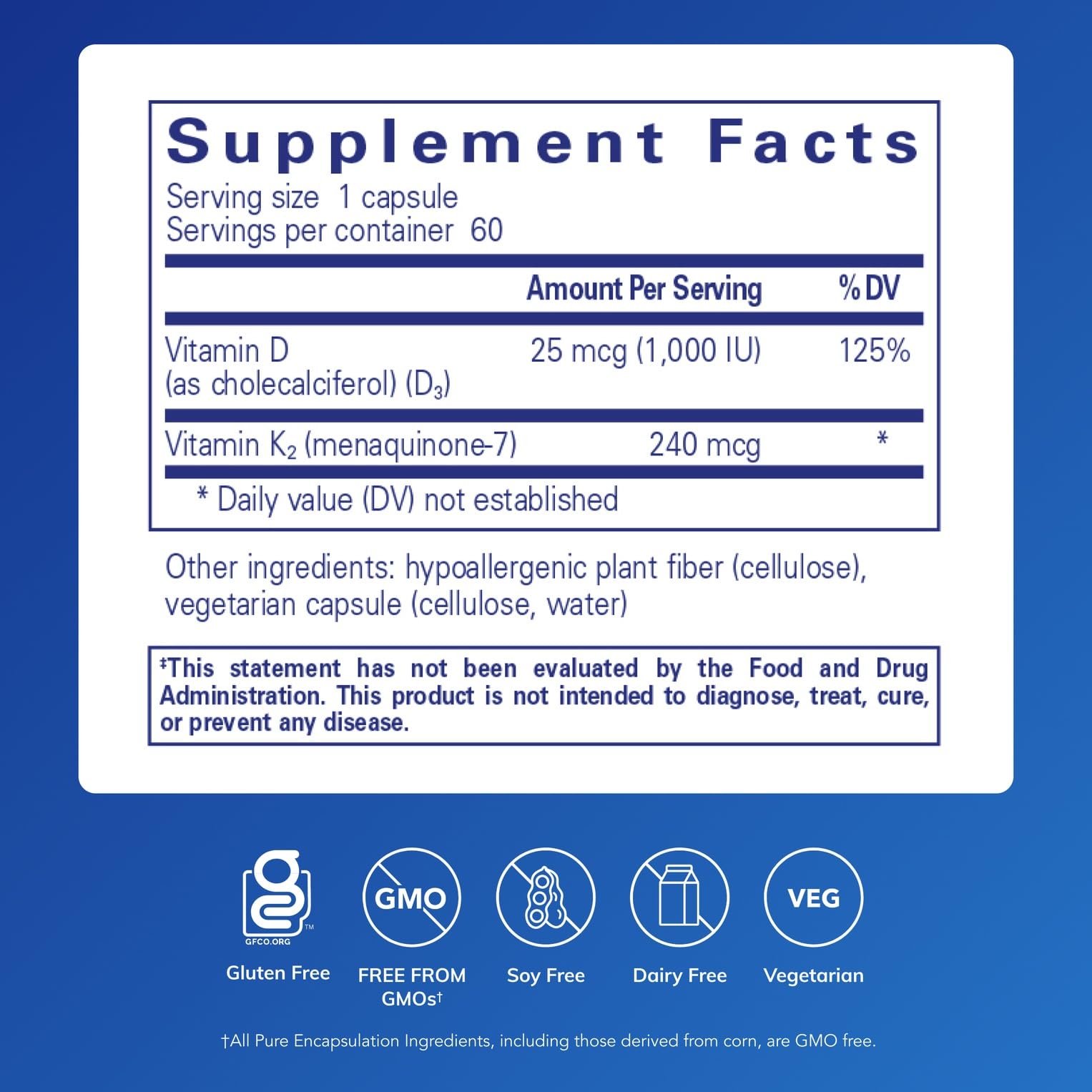 PureHeart K2D capsules close-up highlighting vegetarian, allergen-free formula