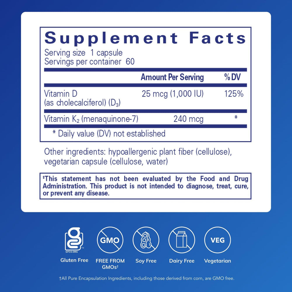 PureHeart K2D capsules close-up highlighting vegetarian, allergen-free formula