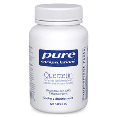 Pure Encapsulations Quercetin 500mg bottle close-up for daily immune and heart support.