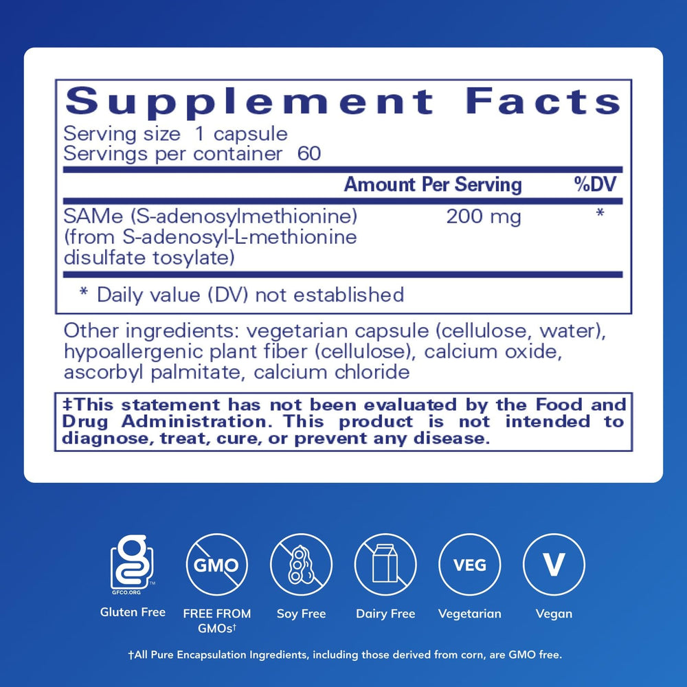 Pure Encapsulations SAMe capsules closeup highlighting capsule texture for daily methylation support.
