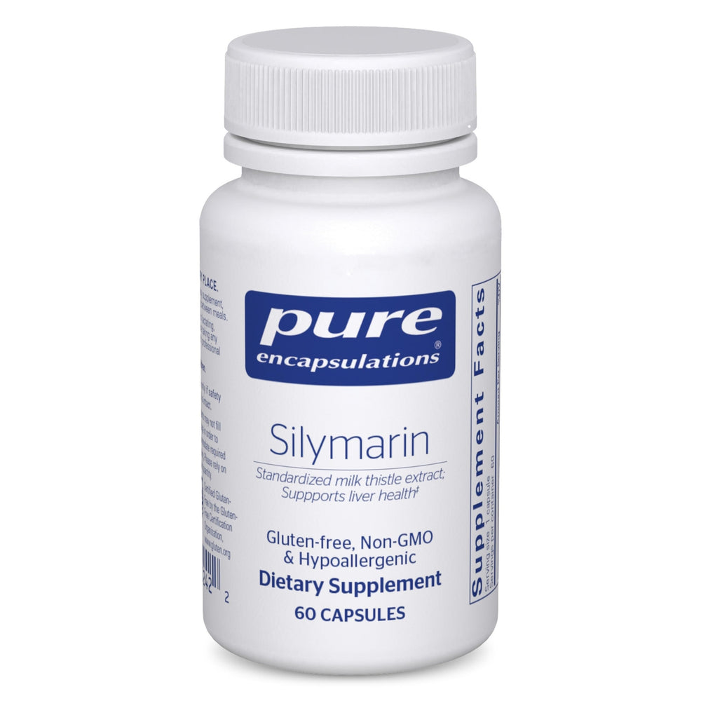 Pure Encapsulations Silymarin bottle shows 250 mg capsules for liver health support.