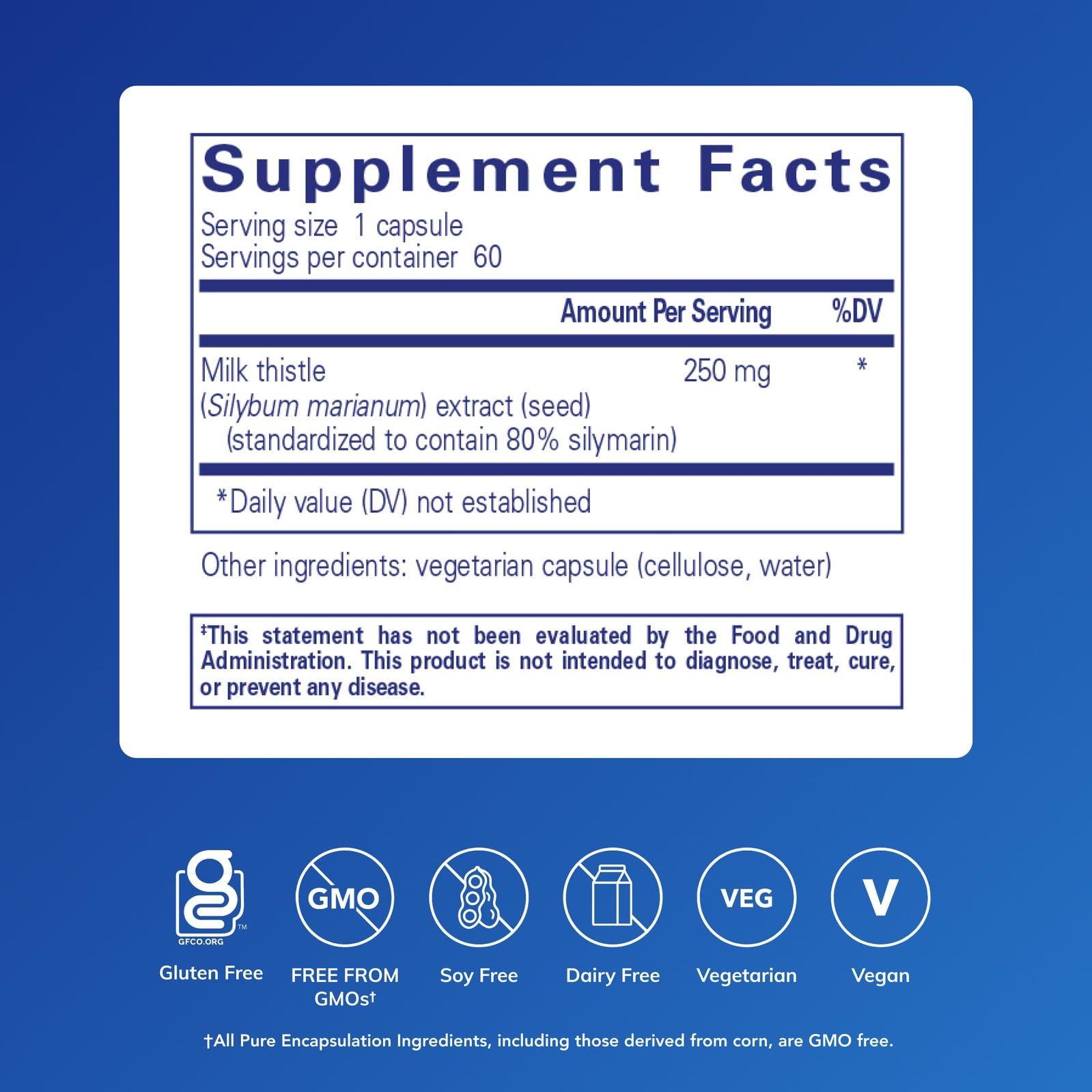 Close-up of Silymarin capsules highlighting vegan, non-GMO formula.