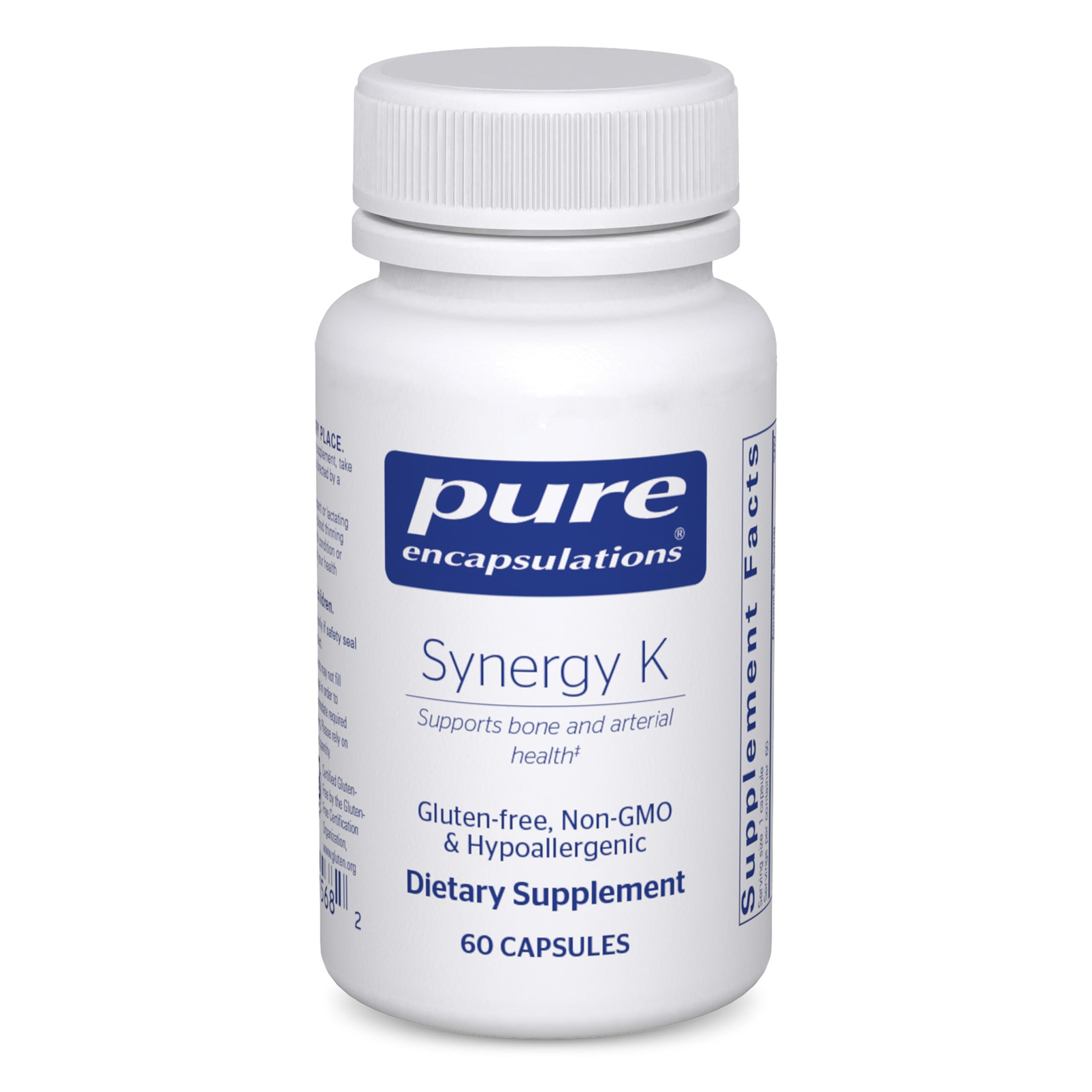 Pure Encapsulations Synergy K bottle front shows gluten-free, non-GMO formula for bone health.