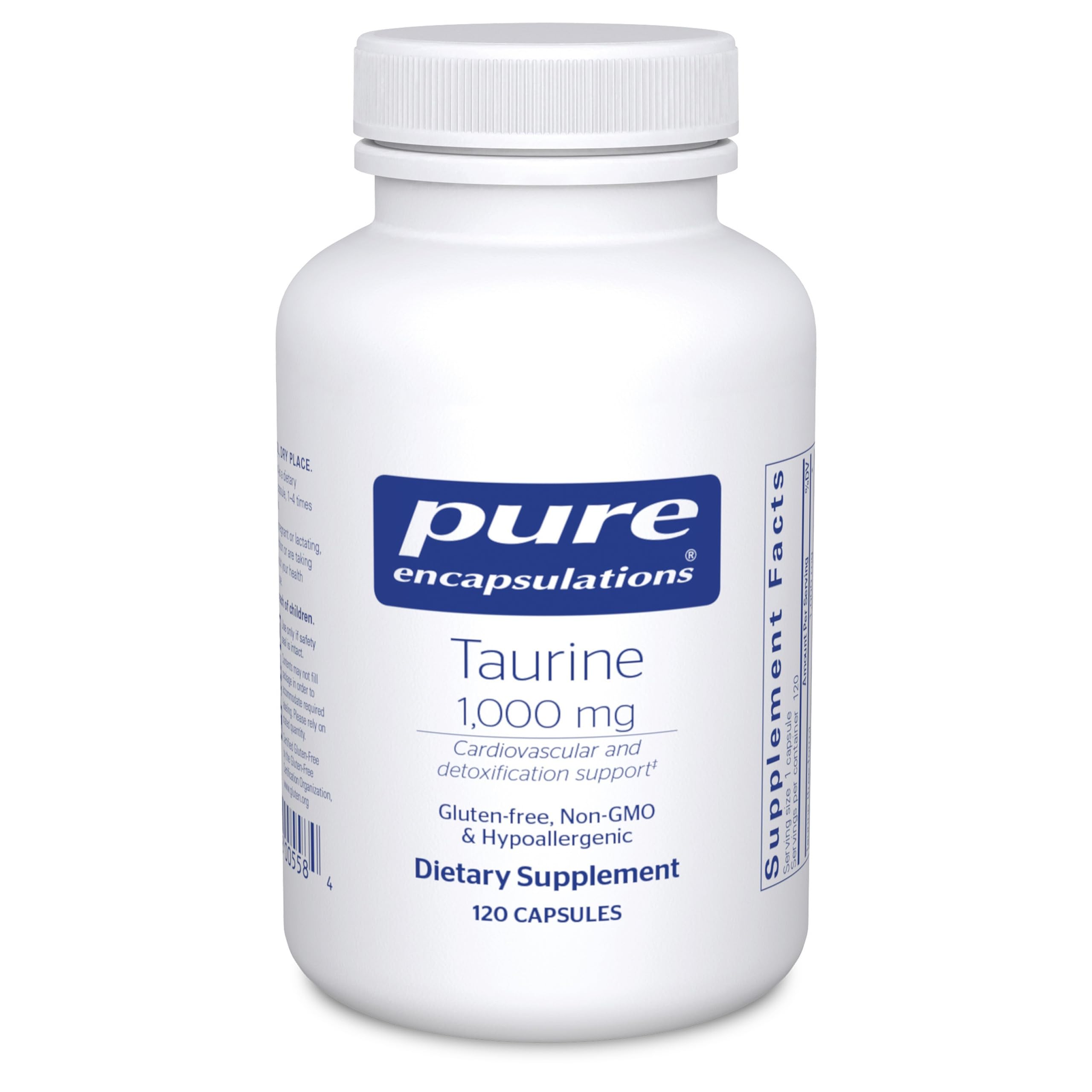 Pure Encapsulations Taurine 1000 mg bottle front with daily support capsules.
