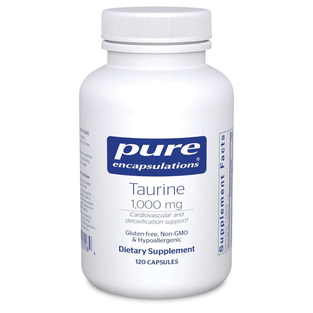 Pure Encapsulations Taurine 1000 mg bottle front with daily support capsules.