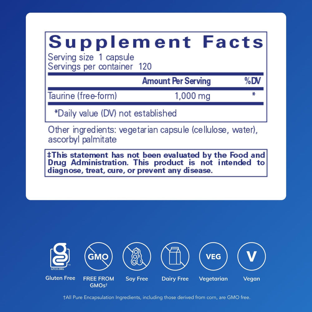 Pure Encapsulations Taurine 1000 mg capsules pack for convenient daily dosing.