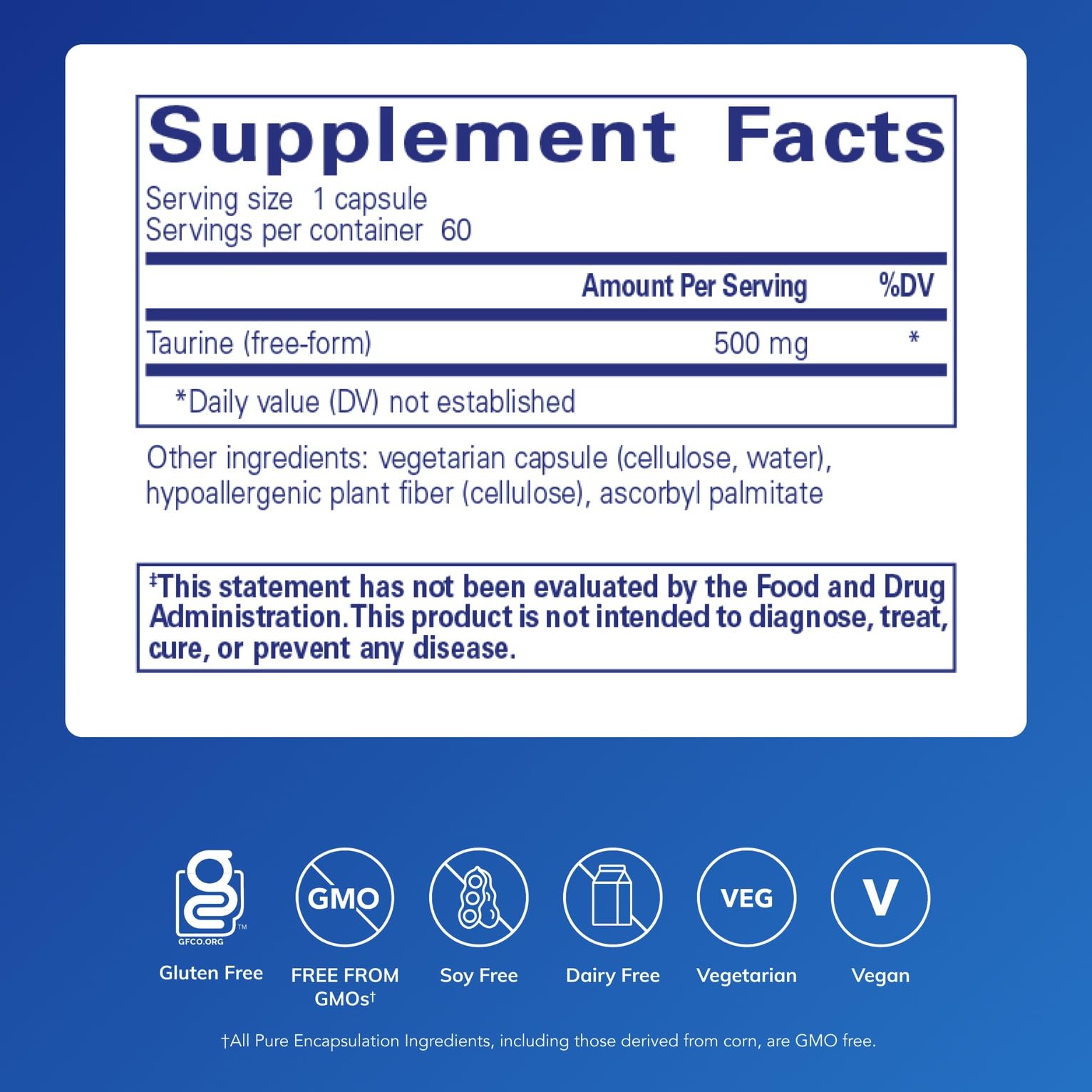 Pure Encapsulations Taurine 500 mg bottle front view for easy daily use