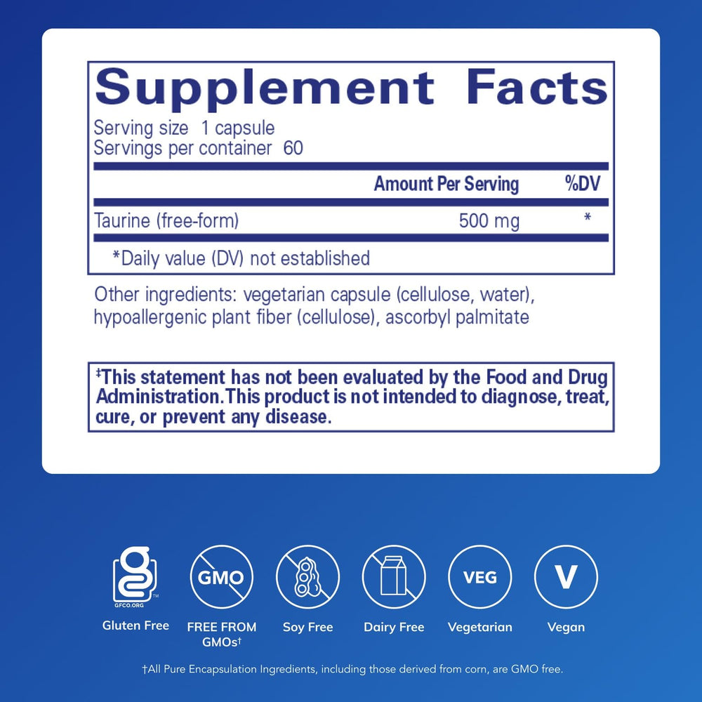 Pure Encapsulations Taurine 500 mg bottle front view for easy daily use