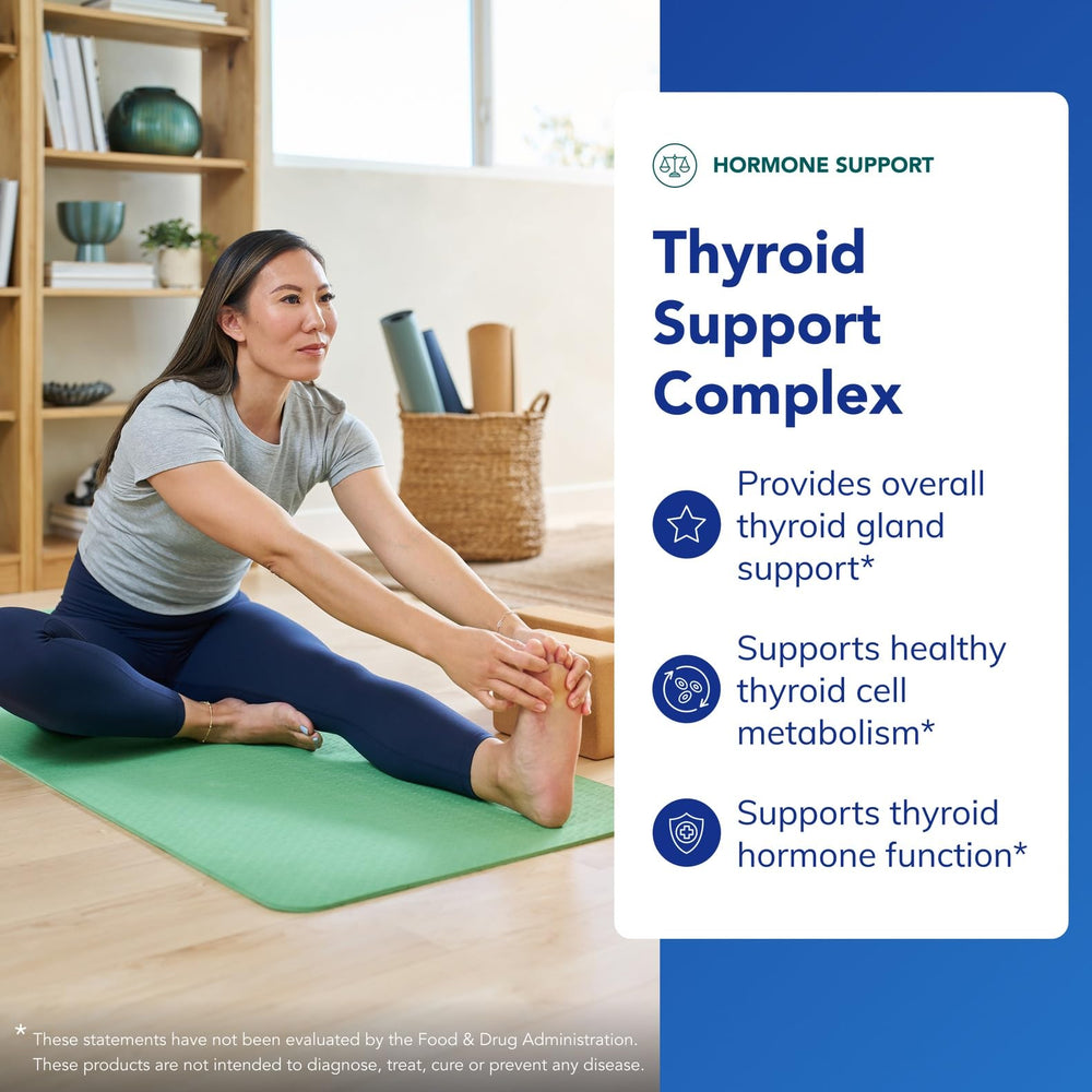 Pure Encapsulations Thyroid Support Complex label highlights iodine and ashwagandha ingredients.