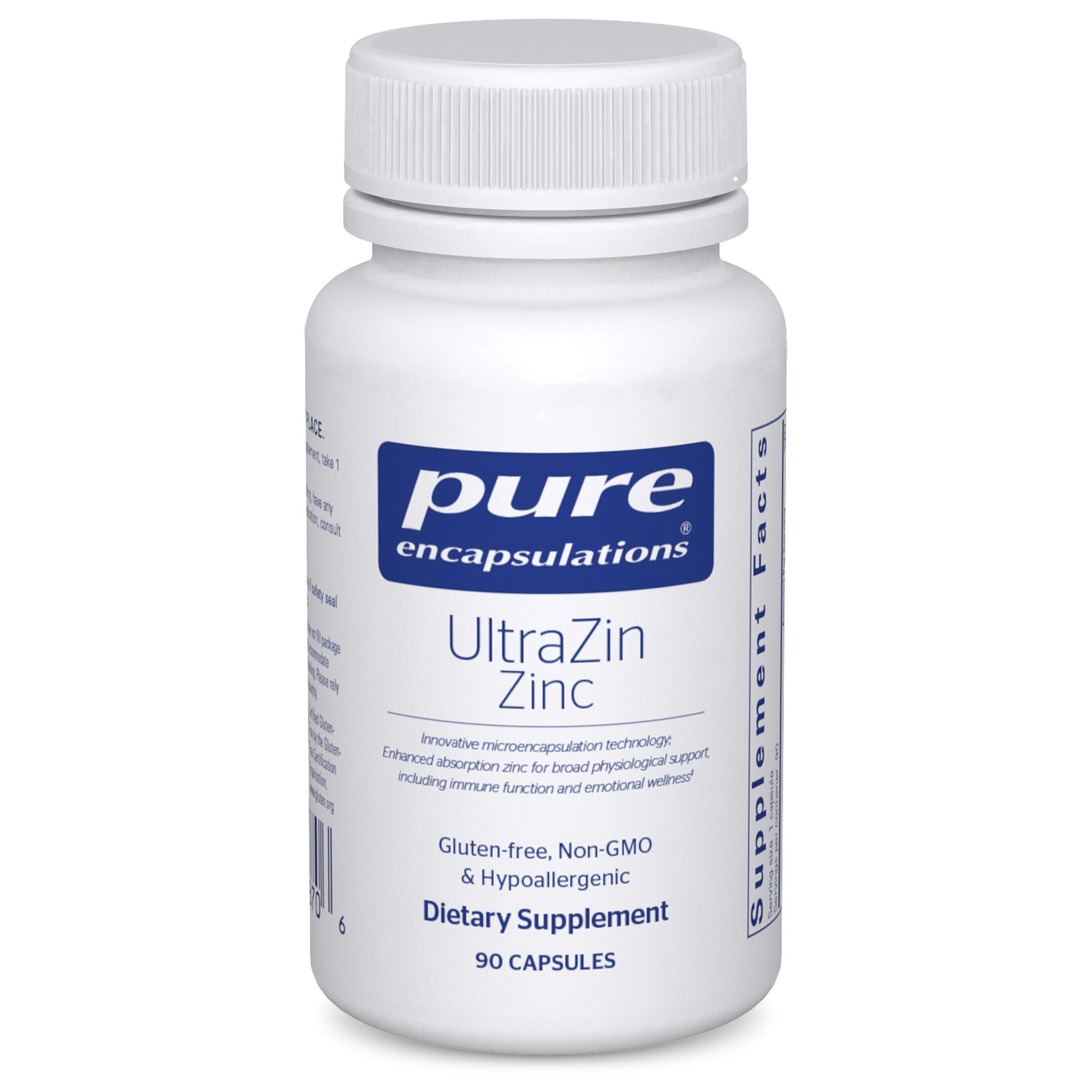 Pure Encapsulations UltraZin Zinc bottle shows microencapsulation for improved absorption.