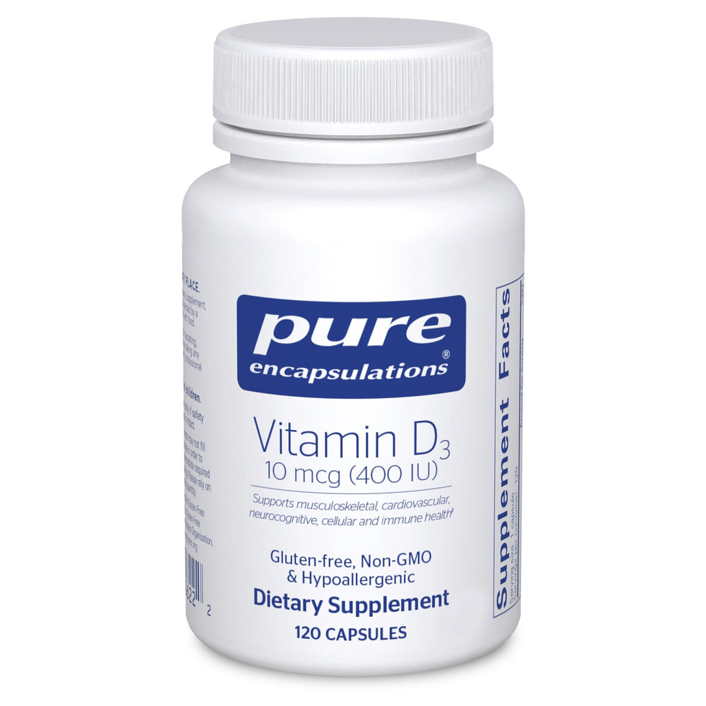 Pure Encapsulations Vitamin D3 bottle with capsules supports bone health.