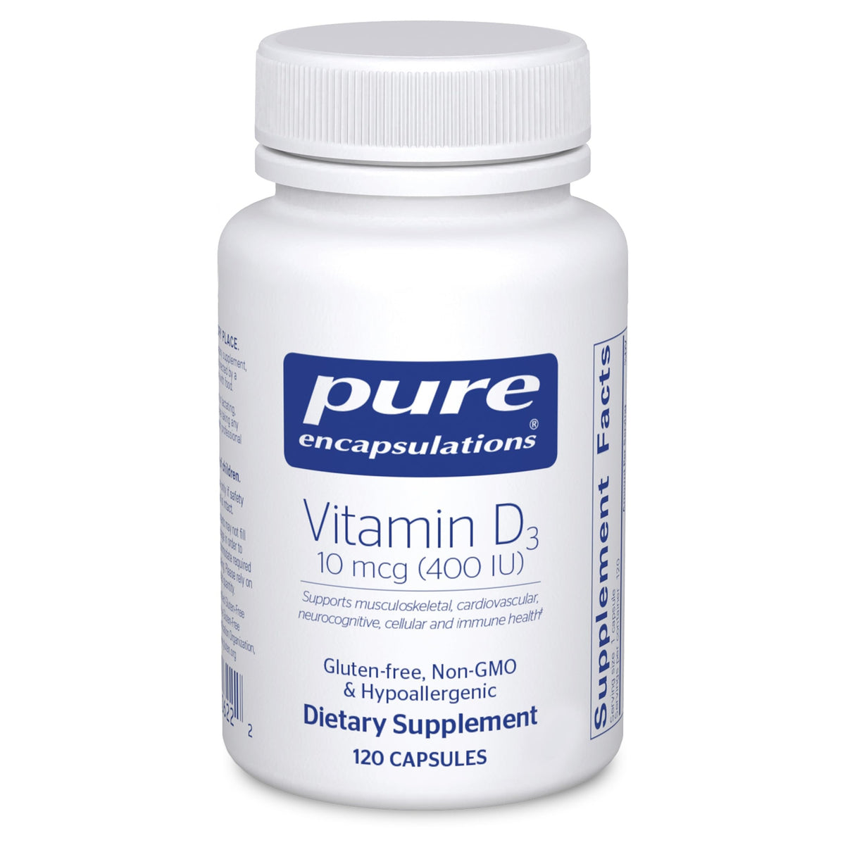 Pure Encapsulations Vitamin D3 bottle with capsules supports bone health.