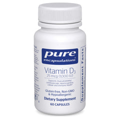 Pure Encapsulations Vitamin D3 1000 IU bottle on a clean surface, supporting daily bone health.