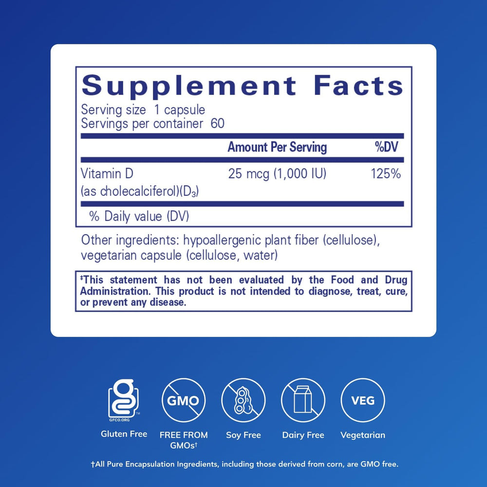 Pure Encapsulations Vitamin D3 1000 IU capsules shown as easy-to-swallow softgels for immune support.