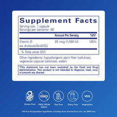 Pure Encapsulations Vitamin D3 1000 IU capsules shown as easy-to-swallow softgels for immune support.