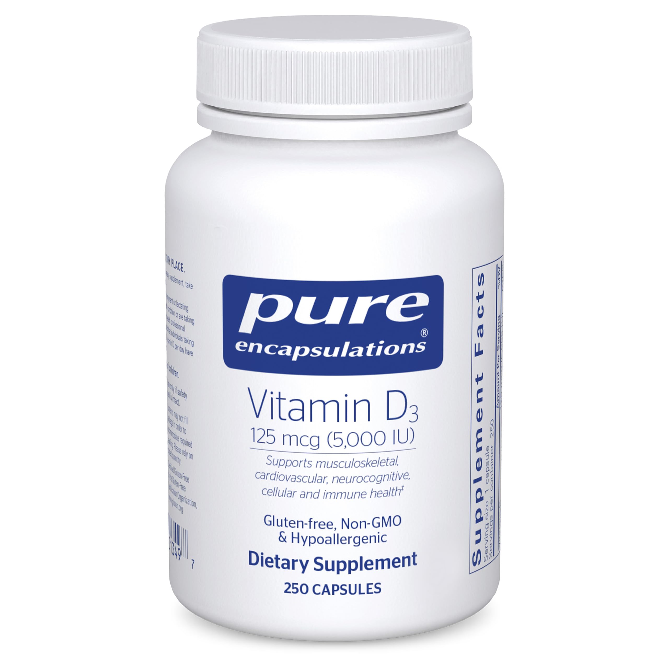 Pure Encapsulations Vitamin D3 bottle front promoting bone support and immune health