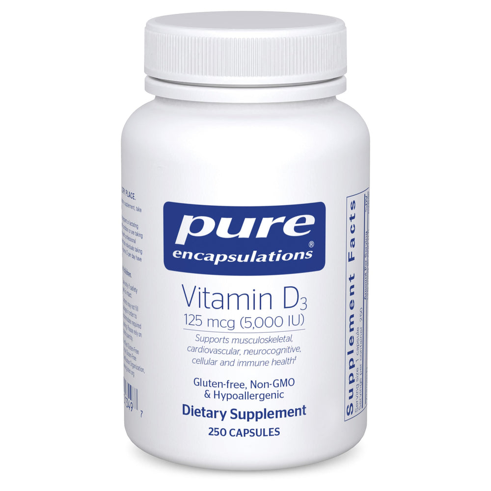 Pure Encapsulations Vitamin D3 bottle front promoting bone support and immune health