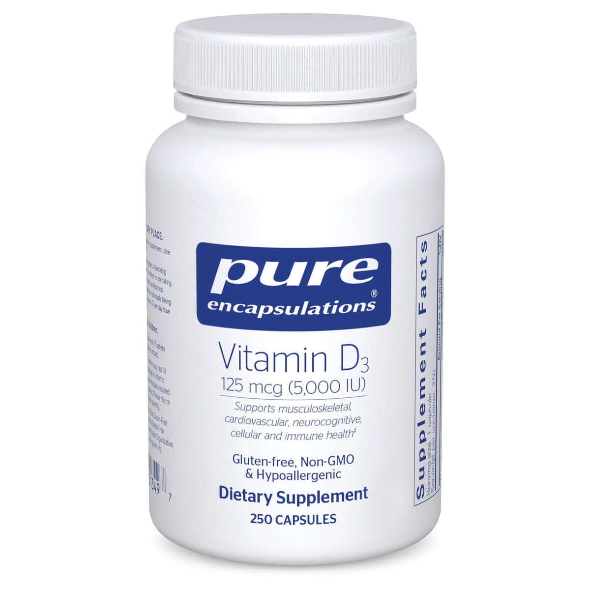 Pure Encapsulations Vitamin D3 bottle front promoting bone support and immune health