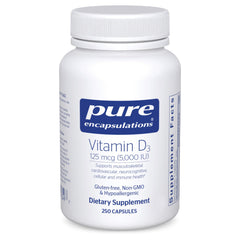 Pure Encapsulations Vitamin D3 bottle front promoting bone support and immune health