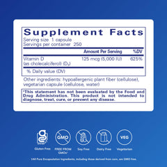 Pure Encapsulations Vitamin D3 bottle label closeup with dosage information