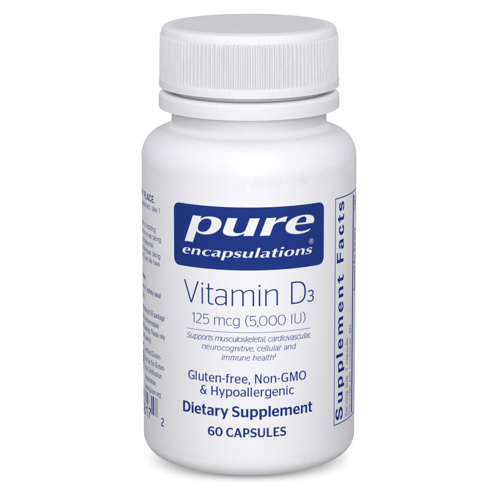 Pure Encapsulations Vitamin D3 bottle showing 125 mcg dose for bone support