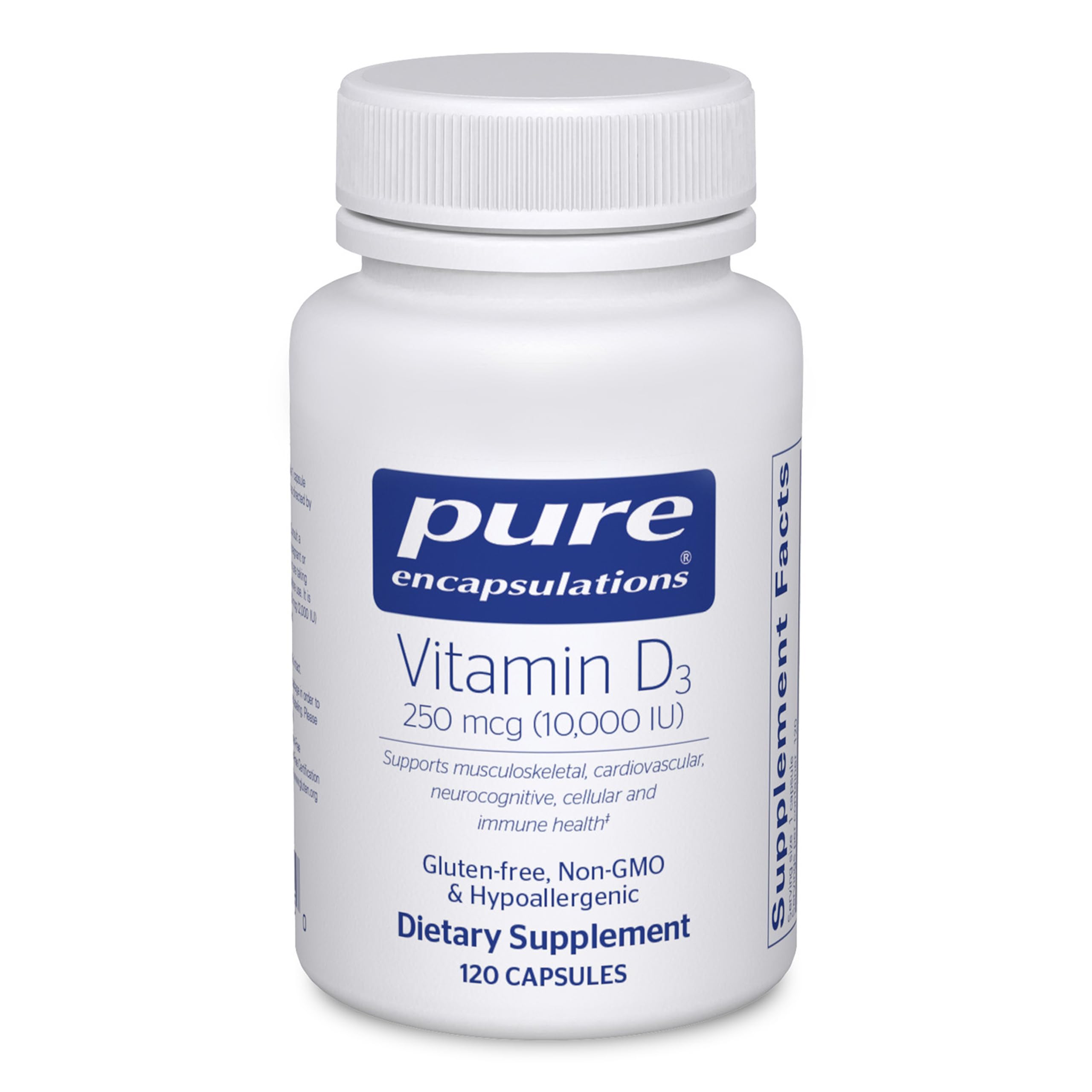 Pure Encapsulations Vitamin D3 250 mcg bottle front supports daily bone and immune health