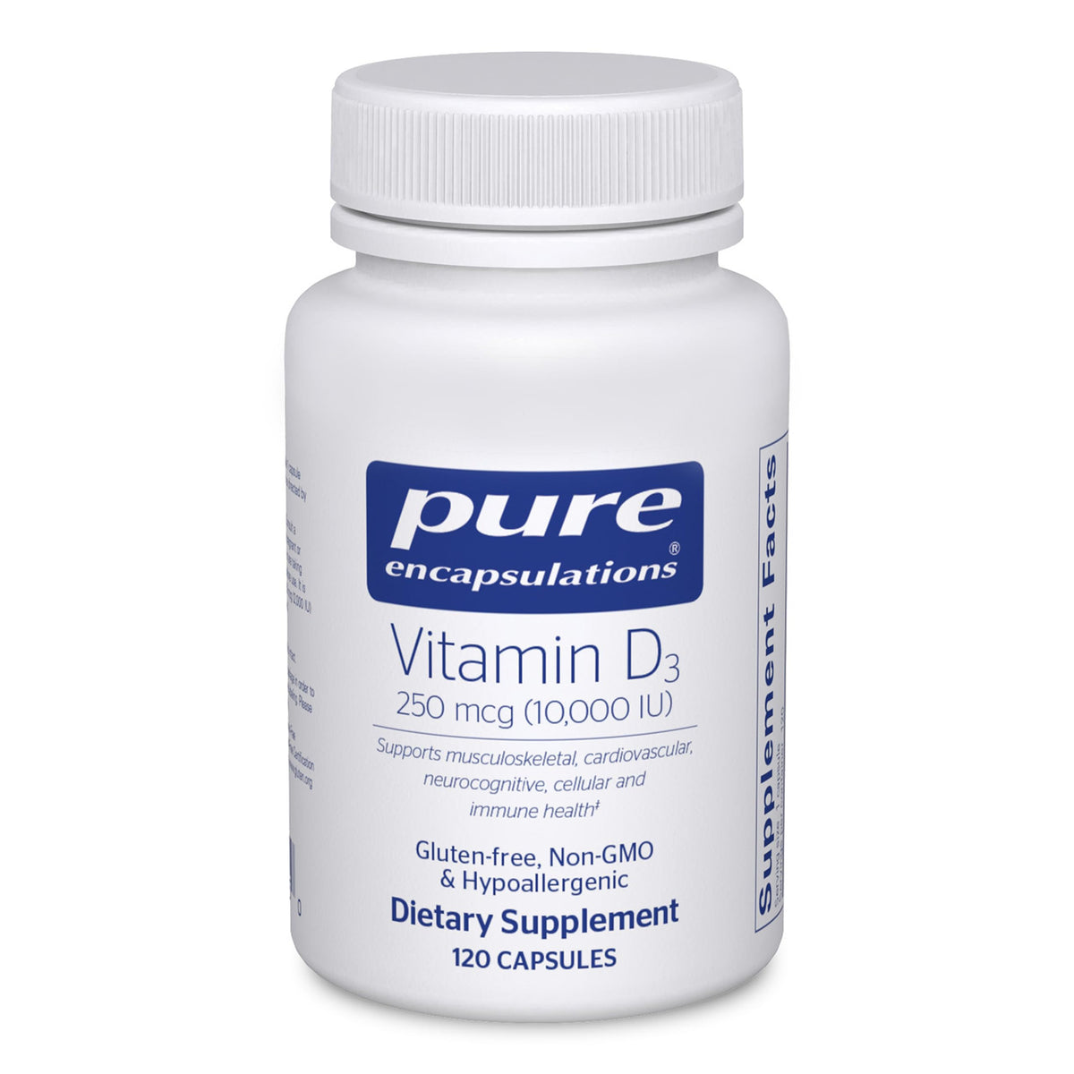 Pure Encapsulations Vitamin D3 250 mcg bottle front supports daily bone and immune health