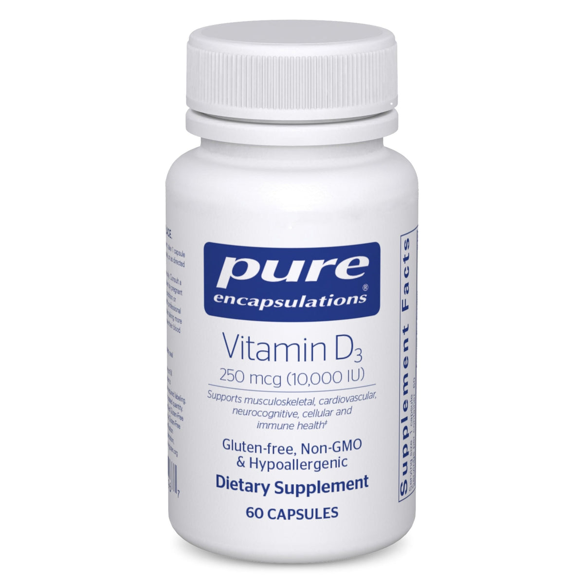 Pure Encapsulations Vitamin D3 250 mcg bottle front view supports bone health and daily wellness