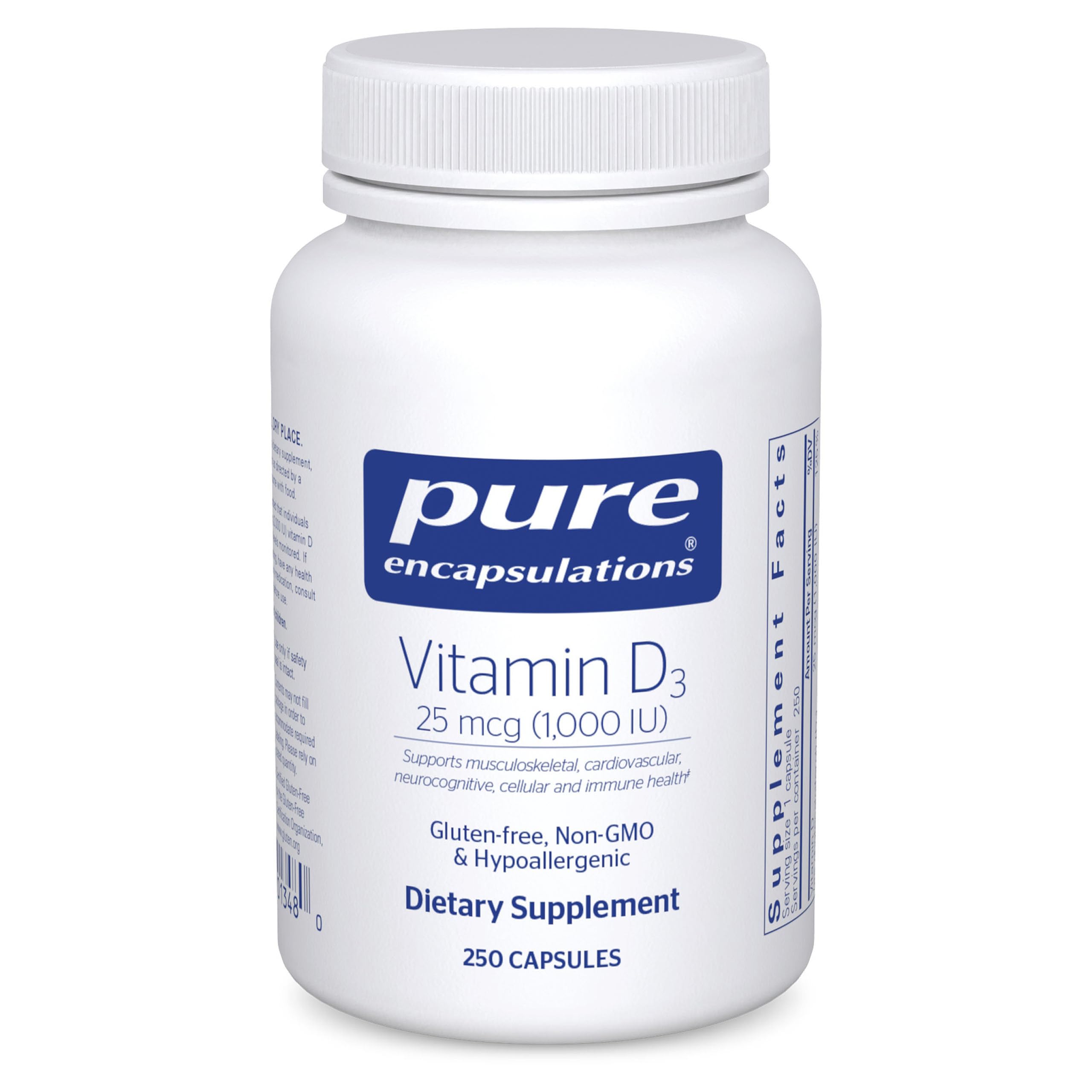 Pure Encapsulations Vitamin D3 bottle front view supports bone health and calcium absorption.