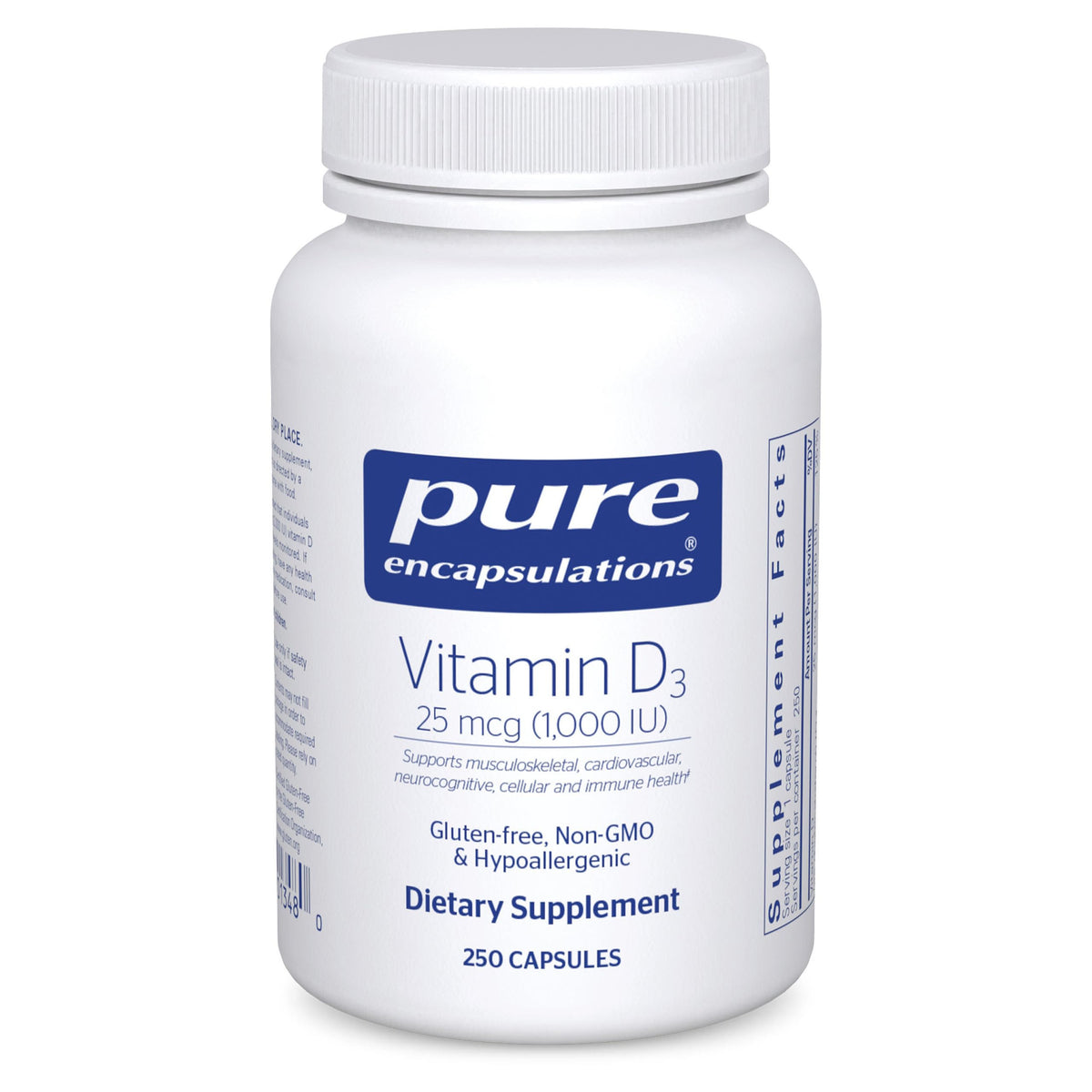 Pure Encapsulations Vitamin D3 bottle front view supports bone health and calcium absorption.