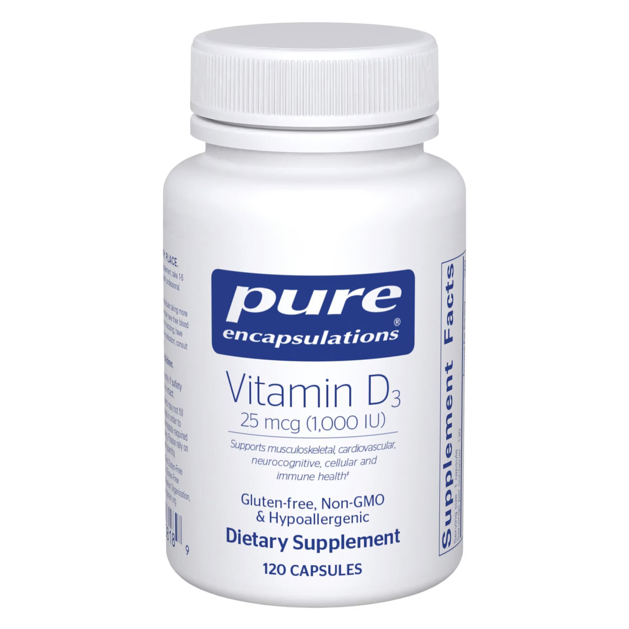Pure Encapsulations Vitamin D3 bottle front for daily bone and immune support.