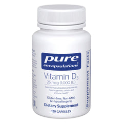 Pure Encapsulations Vitamin D3 bottle front for daily bone and immune support.