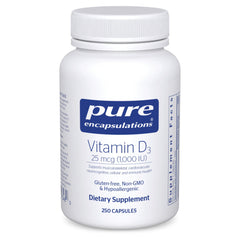 Pure Encapsulations Vitamin D3 bottle front view supports bone health and calcium absorption.