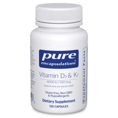 Pure Encapsulations Vitamin D3 & K2 bottle closeup for daily bone and immune support.