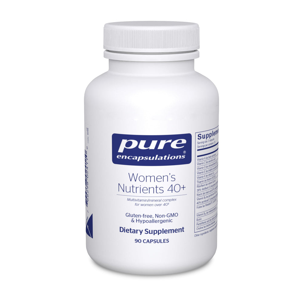 Pure Encapsulations Women's Nutrients 40+ bottle front for eye and urinary support.