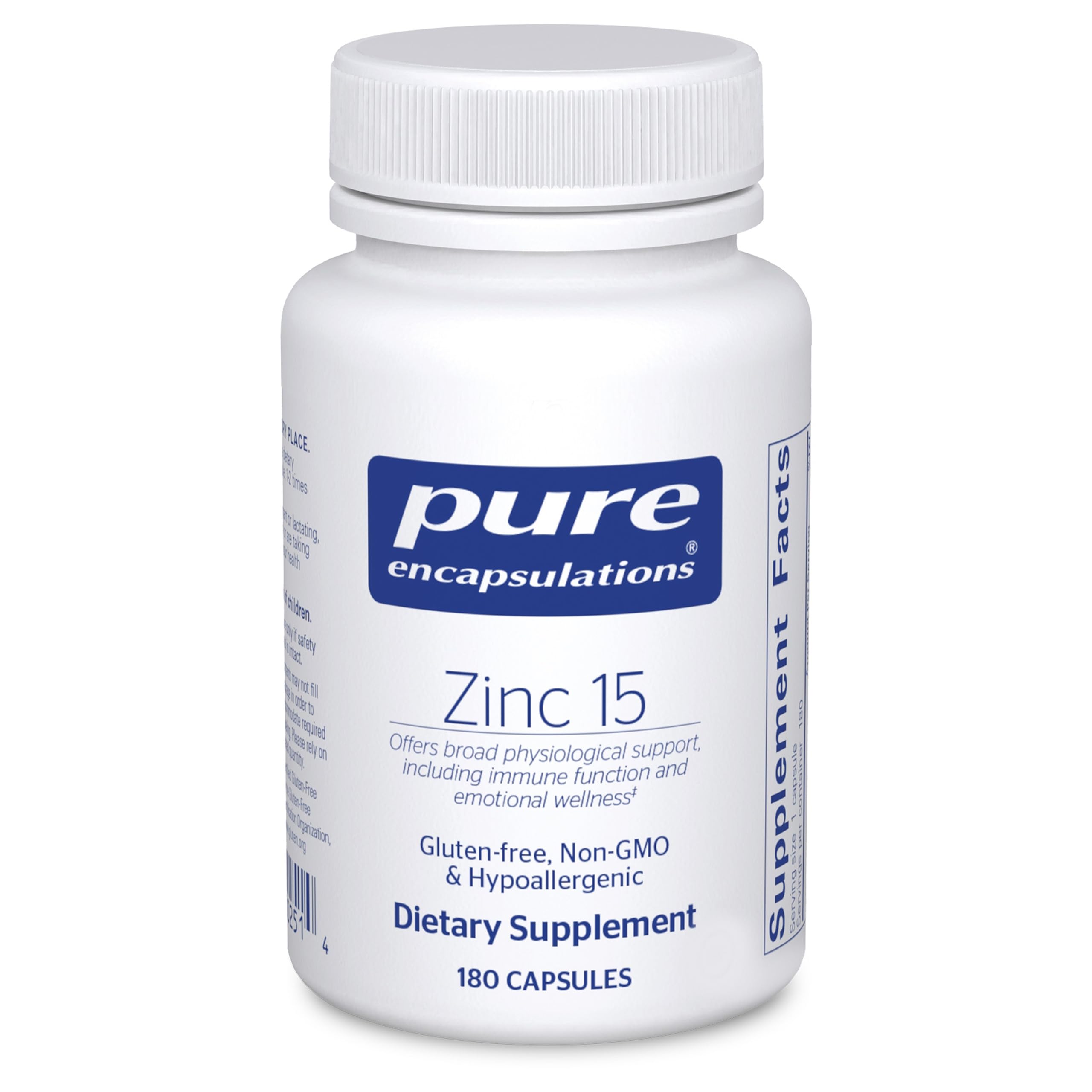 Pure Encapsulations Zinc 15 mg bottle front signals daily immune support.