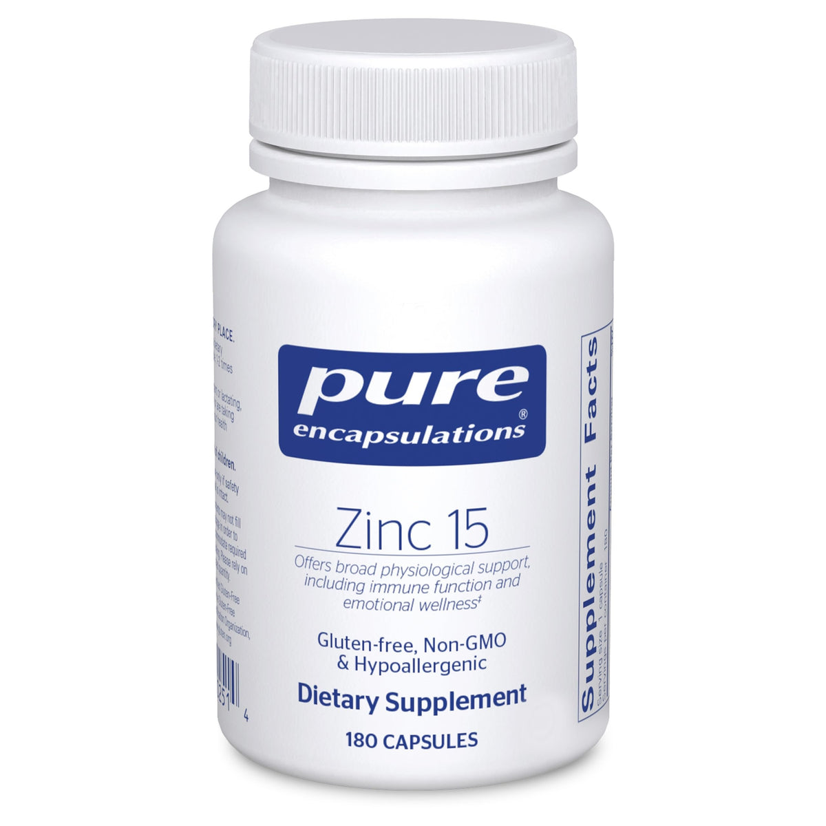 Pure Encapsulations Zinc 15 mg bottle front signals daily immune support.