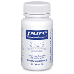 Pure Encapsulations Zinc 15 mg bottle front, supports immune health and cognitive function.