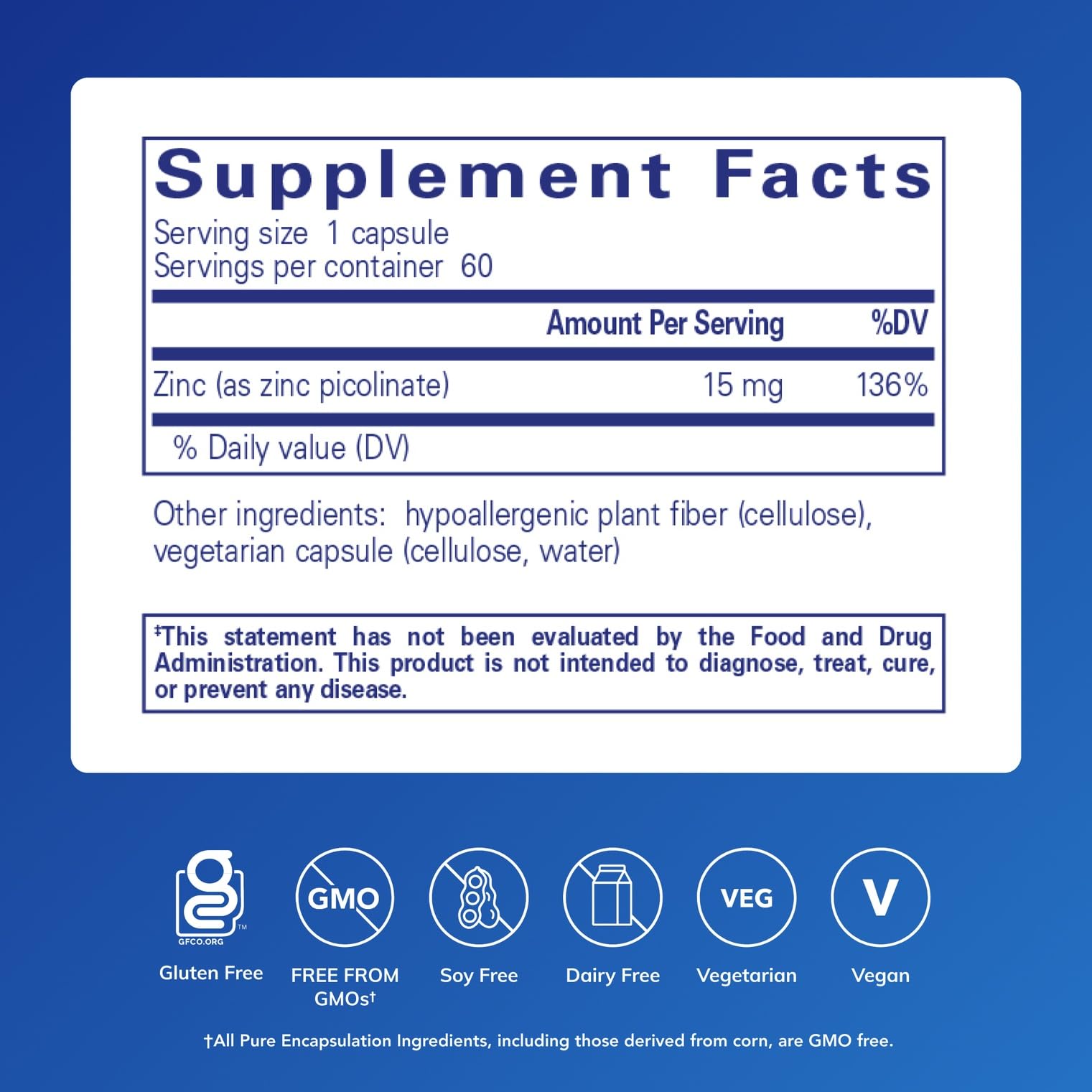 Pure Encapsulations Zinc 15 mg bottle label close-up, zinc picolinate for daily immune support.