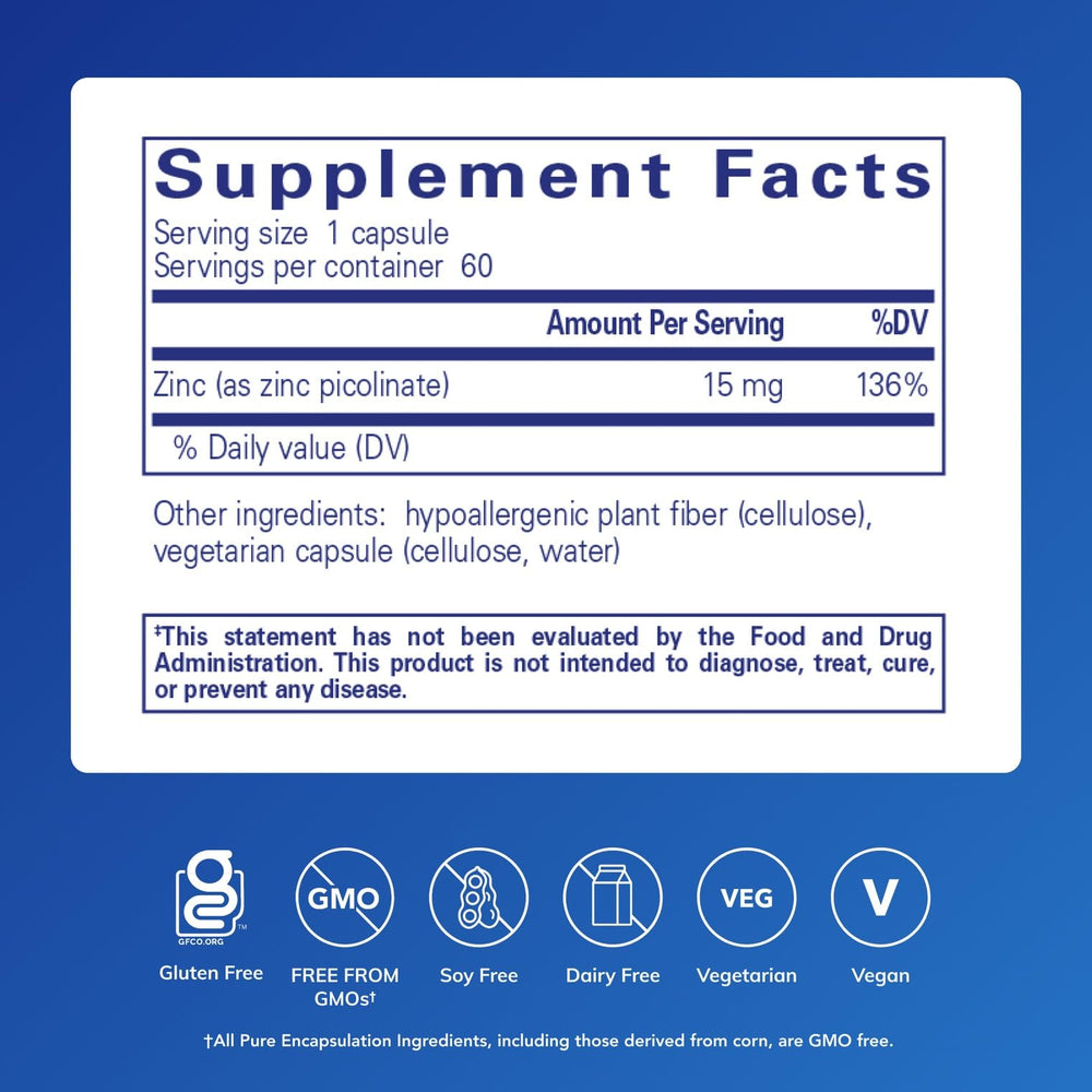 Pure Encapsulations Zinc 15 mg bottle label close-up, zinc picolinate for daily immune support.