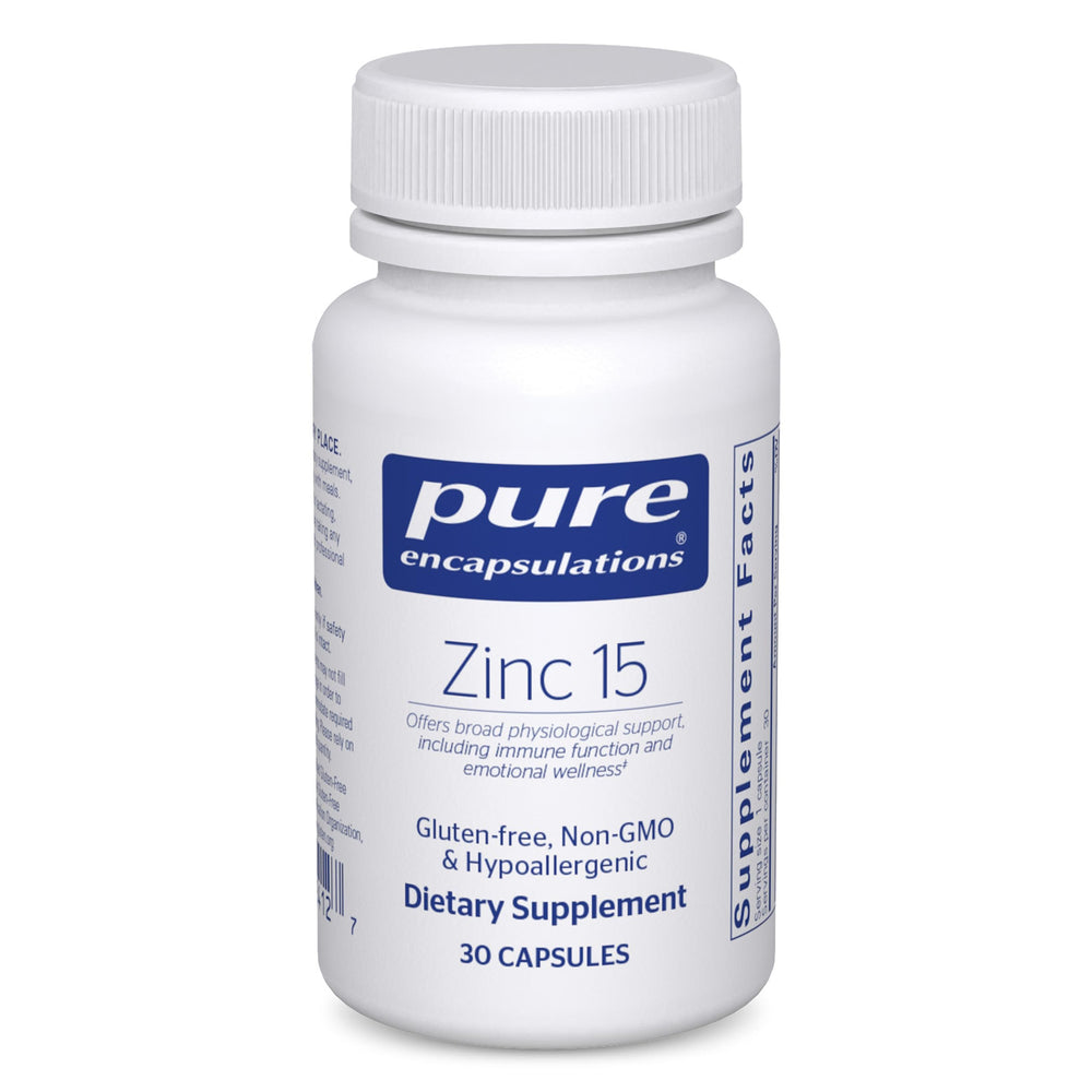 This Pure Encapsulations Zinc 15 mg bottle supports daily immune care.