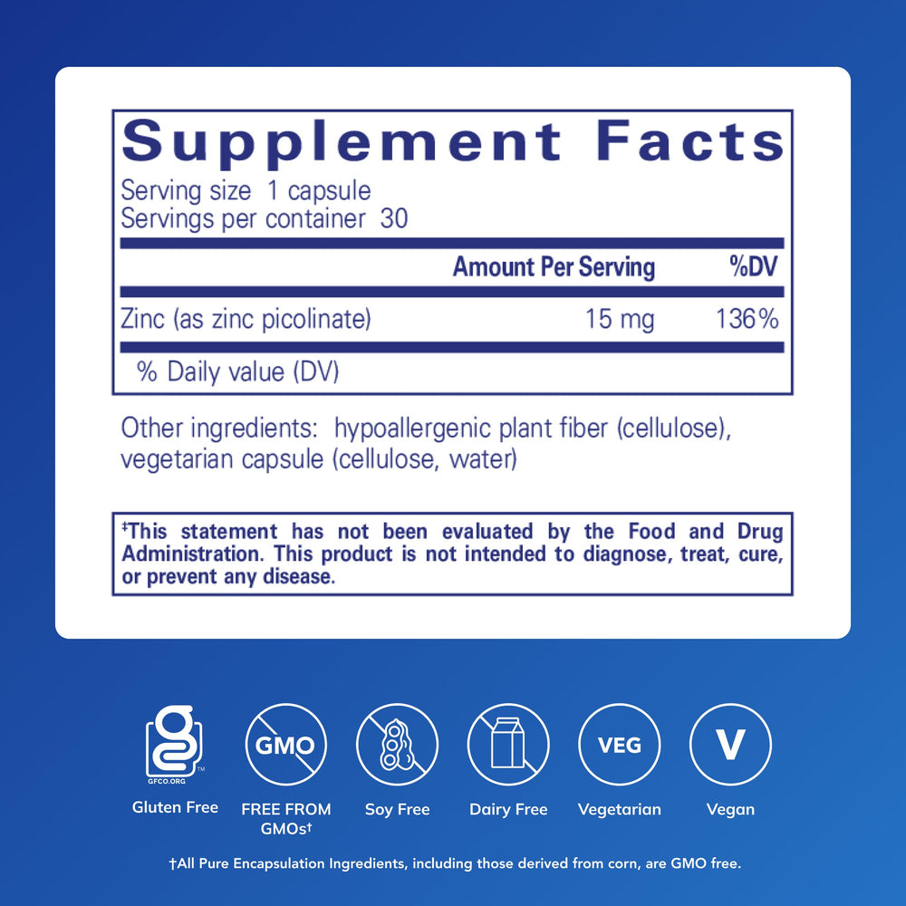 A closeup of Pure Encapsulations Zinc 15 mg capsules highlights an easy daily dosing option.