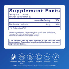 A closeup of Pure Encapsulations Zinc 15 mg capsules highlights an easy daily dosing option.